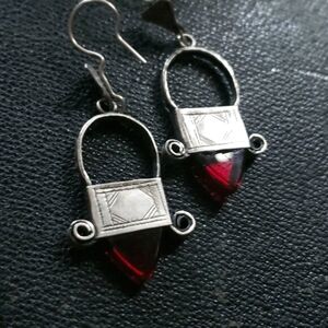 Moroccan Earrings - Bohemian Silver and Red Glass - Authentic from Morocco